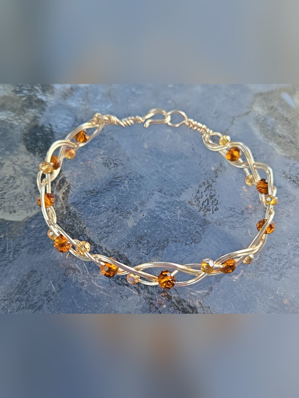 Hand Crafted Wire Braided Bangle Bracelet Amber 9.5” - Picture 6 of 15